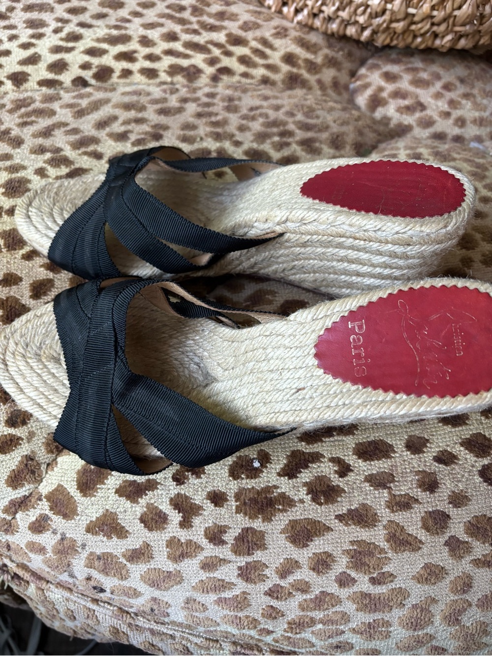 Christian Louboutin Black Ribbon Espadrille Wedge Slides with Red Insole - Picture 3 of 5
